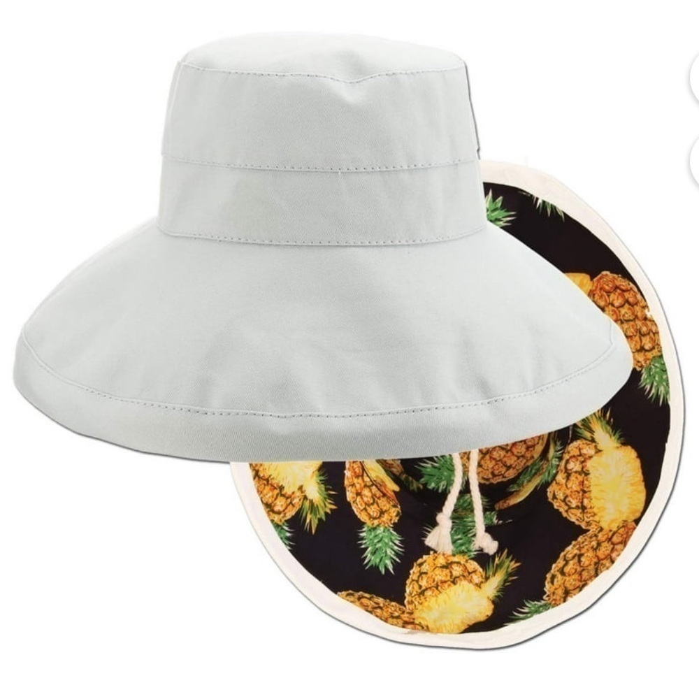 PANAMA JACK Sun Hat Bucket REVERSIBLE Pineapple Print WHITE Drawstring Cotton